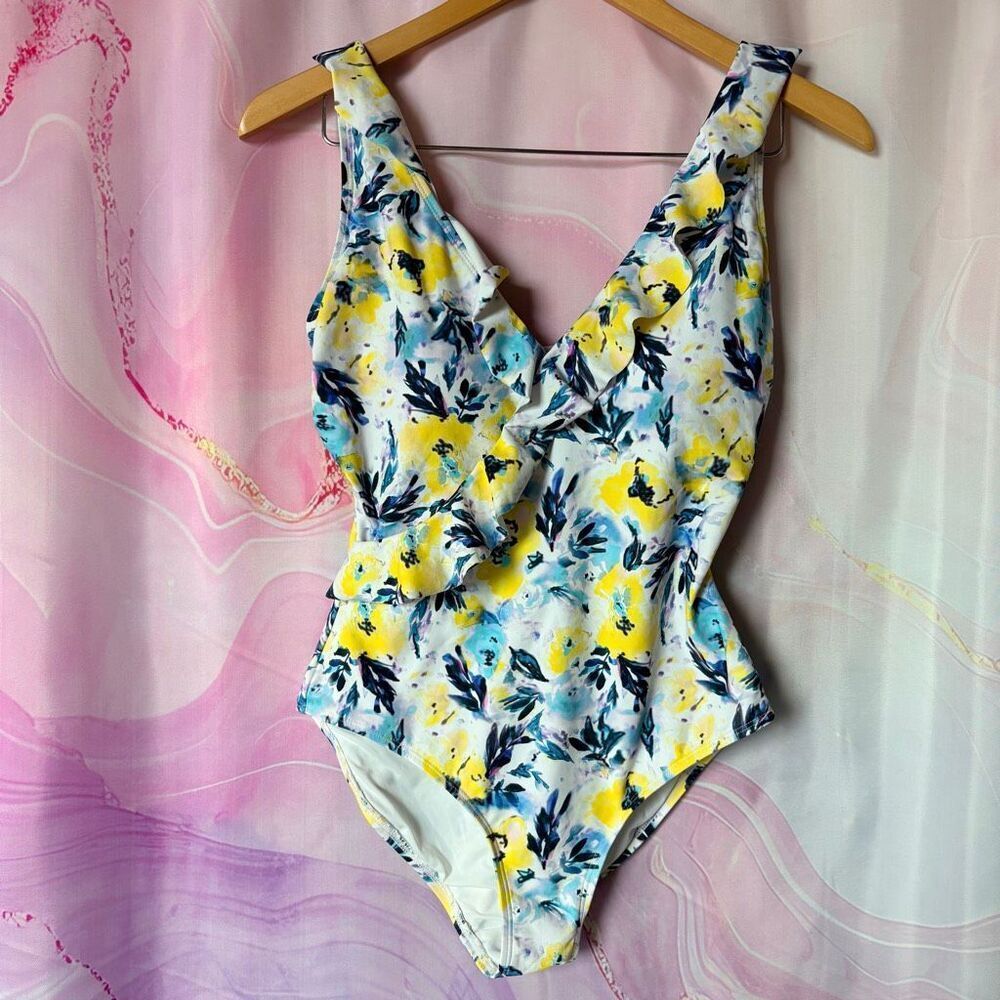 Niptuck 6 Yellow Blue White Floral One Piece Swimsuit Beach Retro Boardwalk Chic